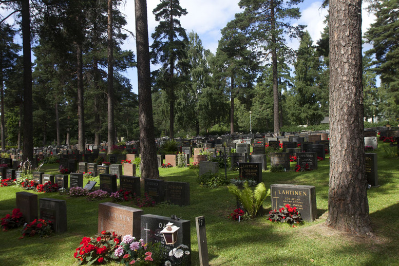 Vatialan hautausmaan hautakivien lomassa kasvaa mäntyjä. On aurinkoinen päivä ja nurmi vihertää.