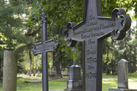 Gustaf Lundahlin rautaristi oikealla, taustalla vasemmalla toinen risti, joka on Anna Lundahlin haudalla.