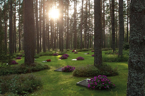 Aurinko laskee haupuiden välistä Vatialan hautausmaalla, näky on kaunis.