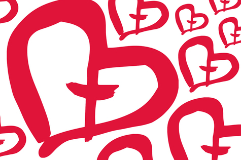 Sydömiä, joissa on punaiset ääriviivat valkoisella pohjalla.