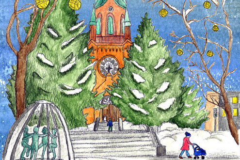 Piirroskuva talvisesta Aleksanterin kirkosta.