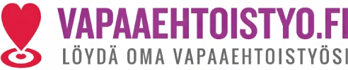 Vapaaehtoistyö.fi palvelun logo, jossa tekstin lisäksi kuva tikkatauluun kiinnitetystä karttapinnistä. Kartta pinni on punaisen sydämen muotoinen