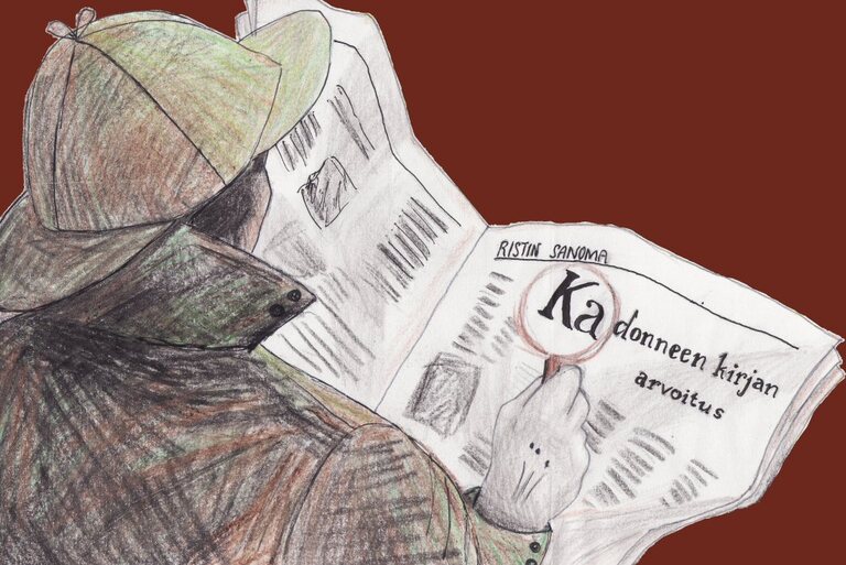 Piirossoskuvassa salapoliisi katsoo suurennuslasilla sanomalehden tekstiä.