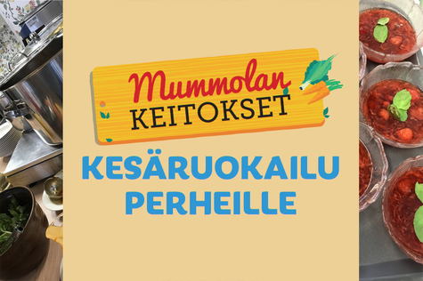 Kuvassa on beigeä taustaa vasten piirros leikkuulaudasta ja juureksista. Leikkuulaudan yllä lukee ”Mummolan keitokset – kesäruokailu perheille”. Taustalla on myös valokuvat mansikkakiisseliannoksista sekä kasviskeitosta kattilassa. Nämä kuvat on otettu Mummon Kammarin tiloissa kesällä 2019.