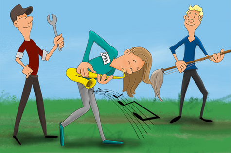 Susanna Kiiskin piirros, jossa kolme hahmoa soittavat työkalujaaan. Yksi soittaa saxofonia, mutta toinen soittaakin mopilla kitaran sijasta, kolmas antaa tahtia jakoavaimella.
