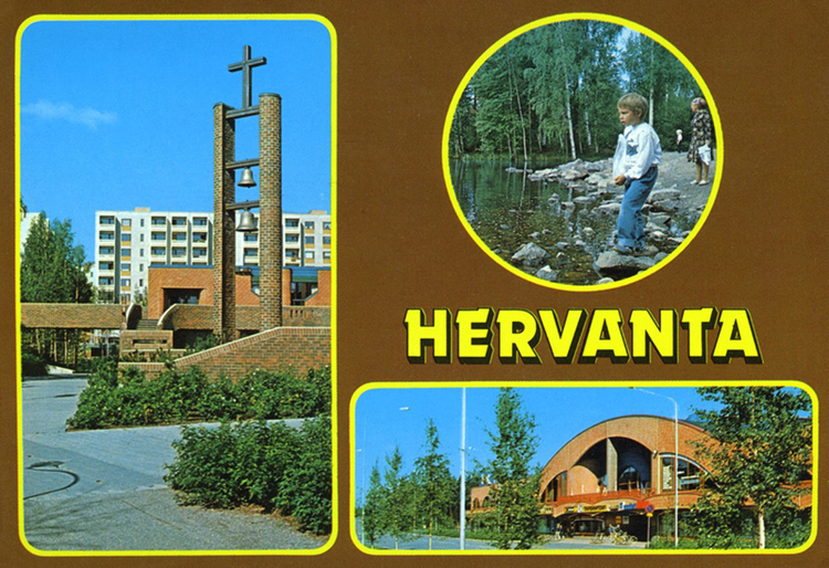 Vanhassa postikortissa on kuvat Hervannan kirkosta ja kauppakeskus Duosta.