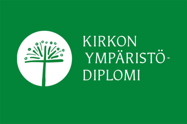 Logo, jossa valkoinen teksti "kirkon ympäristödiplomi" vihreässä laatikossa.