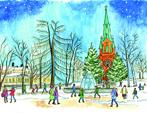 Talvimaisema, jossa ihmisiä kulkee Pyynikin kirkkopuistossa. Taustalla punatiilinen Aleksanterin kirkko.