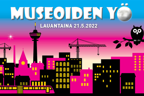 Museoiden yön värikäs silhuettikuva Tampereesta, jossa näkyy muun muassa Näsinneula ja ratikka.