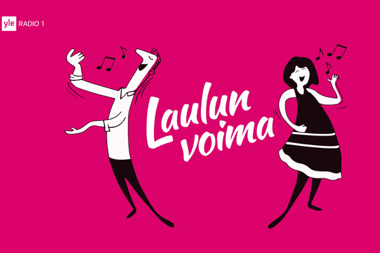 Laulavia piirroshahmoja ja teksti Laulun voima ja Yle Radio 1.