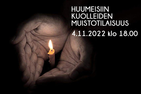 Kädet pitämässä kynttilää. Tekstissä Huumeisiin kuolleiden muistotilaisuus 4.11.2022 klo 18.