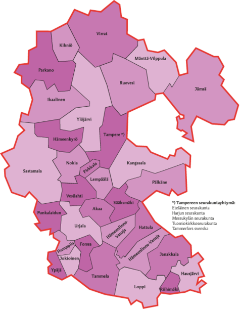 Kartta, jossa on Tampereen aluekeskusrekisteriin kuuluvat seurakunnat.