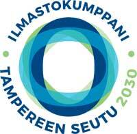 Sinivihreä logo, jossa teksti valkoisella pohjalla:Ilmastotokummanuus Tampereen seutu 2030.