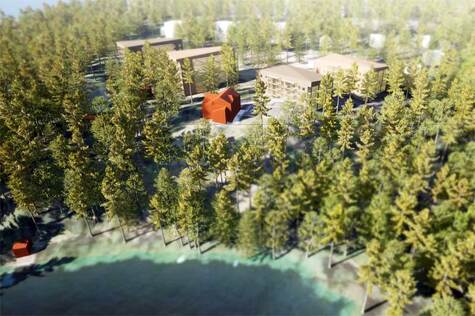 Arkkitehtoninen havainnekuva, jossa on etualalla järvi ja taustalla metsää, jonka keskellä on kerrostaloja.