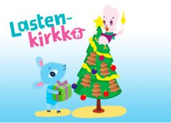 Piirroskuva, jossa sinisävyinen Päkä-lammas pitää käsissään lahjapakettia. Vieressä koristeltu joulukuusi, jonka latvassa keikkuu Pulmu-kyyhky. Lastenkirkon logo.