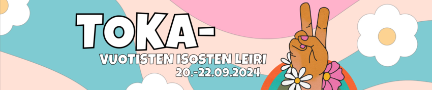 Pastellivärinen tausta. Käsi näyttää kahdella sormella "peace" merkkiä.
Teksti: Tokavuotisten isosten leiri 20.-22.9.2024