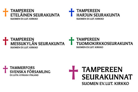 Tampereen viiden seurakunnan ja Tampereen seurakuntayhtymän logot.