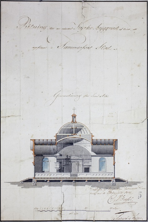 Carlo Bassin leikkauspiirustus Tampereen kirkkoa varten.