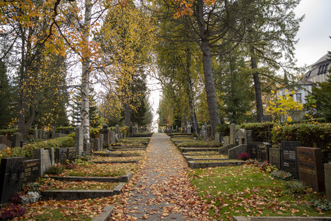 Syksyinen hautausmaa, jossa kapea polku kulkee hautarivien läpi. Keltaiset ja oranssit lehdet peittävät maata, ja taustalla näkyy puita ja rakennuksia.