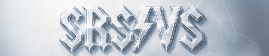 "Hopeanhohtoinen metallinen teksti 'SRSVS' salamakuvio keskellä.