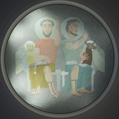 Kattomaalauksessa kaksi miestä istuvat ja vasemmmalla olevan miehen vierellä on leijona ja oikealla olevan vierellä on härkä.