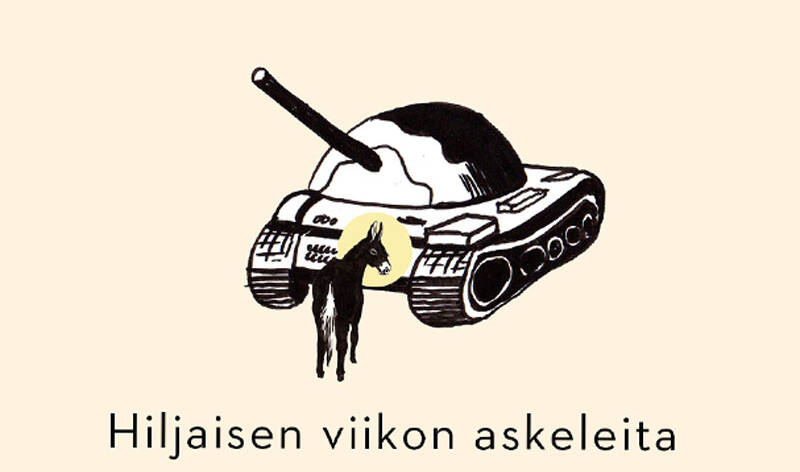 Piirroskuvassa aasi seisoo panssarivaunun edessä, teksti Hiljaisen viikon askeleita.