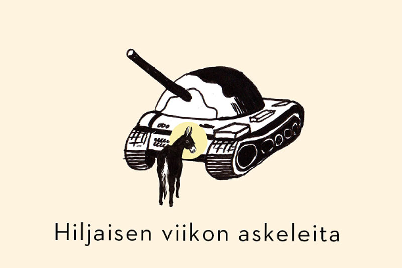 Piirroskuvassa aasi seisoo panssarivaunun edessä, teksti Hiljaisen viikon askeleita.