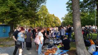 Moron Peräkonttikirppis Tampereen Keskustorilla. Ihmiset kiertelevät myyntipaikkoja, ja tavaroita on levitetty esille puiston reunaan.