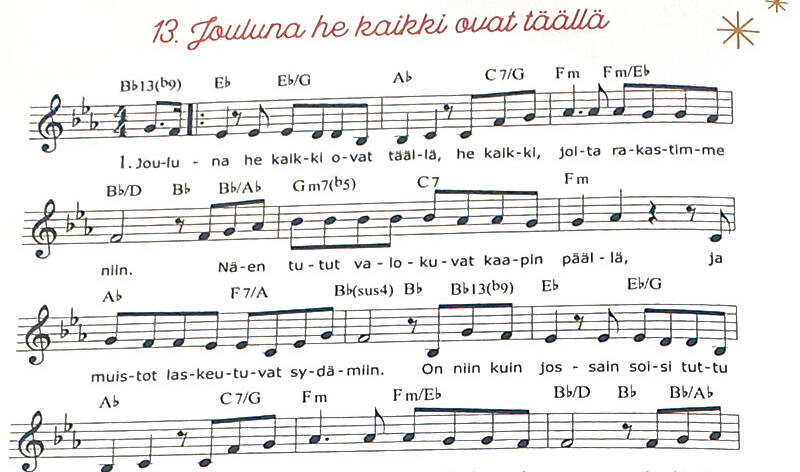 13. Jouluna he kaikki ovat täällä -otsikko nuottien päällä.