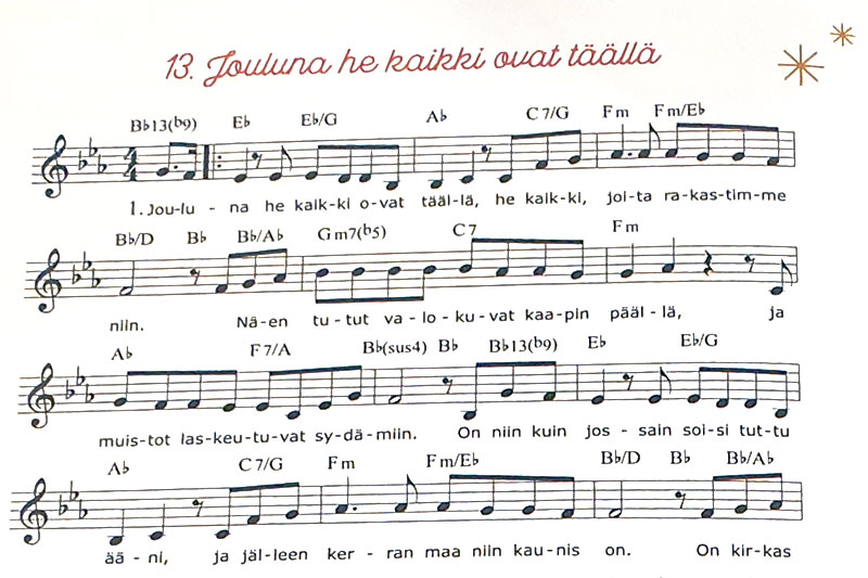 13. Jouluna he kaikki ovat täällä -otsikko nuottien päällä.