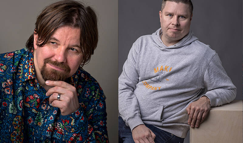 Kaksi erillistä kuvaa vierekkäin, vasemmanpuoleisessa mies hivelee partaansa ja oikeanpuoleisessa istuva mies nojaa kyynärpäällään laatikkoon.