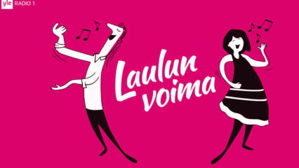Laulavia piirroshahmoja ja teksti Laulun voima ja Yle Radio 1.
