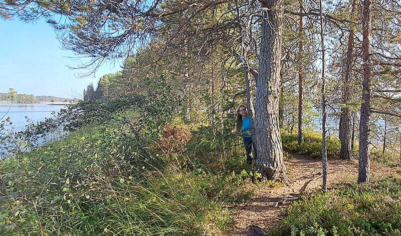Henkilö on kaukana, osittain puun takana matalalla metsäisellä kangaskaistaleella. Vierestä kulkee polku ja toisella puolella näkyy vettä.