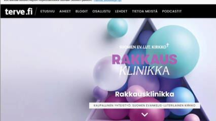 Selaimen näkymässä on värikäs kolmio, jossa lukee Rakkausklinikka.