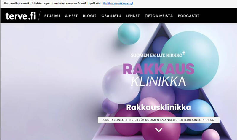 Selaimen näkymässä on värikäs kolmio, jossa lukee Rakkausklinikka.