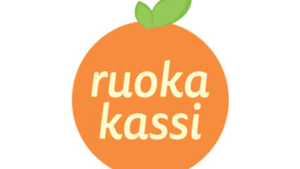 Omenanmuotoinen oranssi logo, jossa lukee ruokakassi.