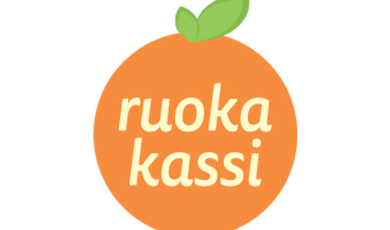 Omenanmuotoinen oranssi logo, jossa lukee ruokakassi.