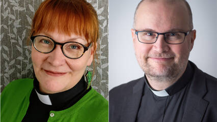 Yhdistettynä kaksi kuvaa, joissa molemmissa silmälasipäinen ihminen, jolla on papinkaulus. Toinen on nainen ja toinen mies.