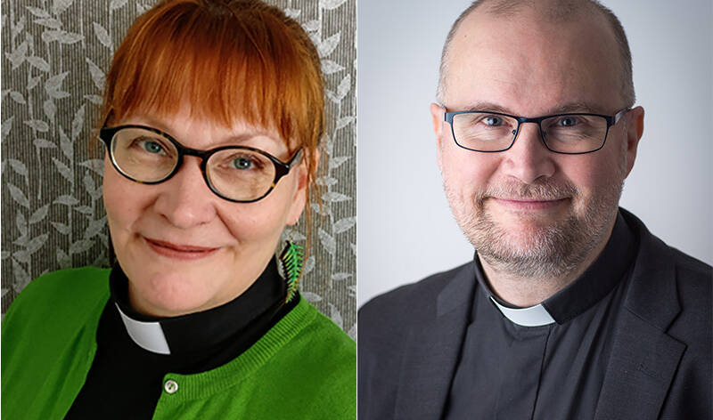 Yhdistettynä kaksi kuvaa, joissa molemmissa silmälasipäinen ihminen, jolla on papinkaulus. Toinen on nainen ja toinen mies.