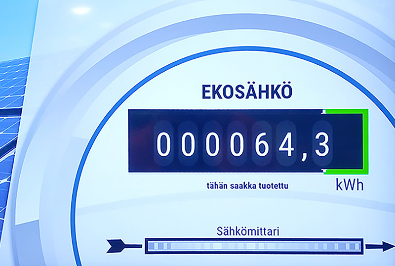 Taulussa lukee ekosähkö: tähän saakka tuotettu 64,3 kWh.