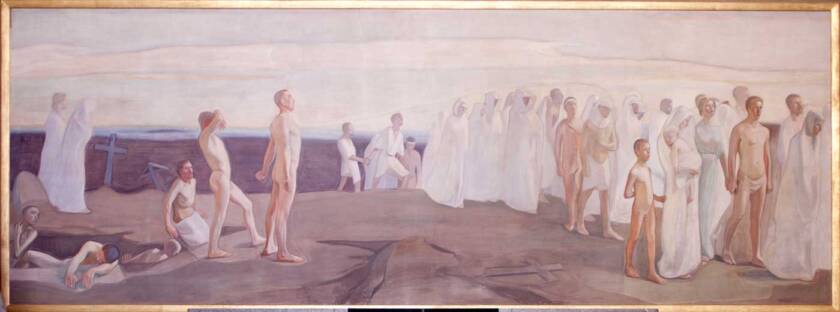 Magnus Enckell’s altarpiece Resurrection in Tampere Cathedral. The pale-toned work depicts a group of figures moving towards light and resurrection.