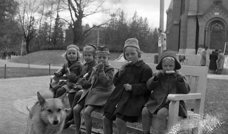 Vanha kuva viidestä lapsesta, jotka istuvat penkillä syömässä jäätelöpuikkoja. Edessä on koira ja taustalla kirkko.