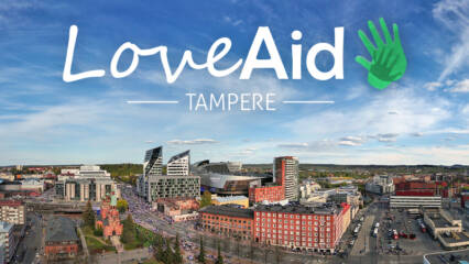 Loveaid tapahtuman logo Tampereen kaupungin yllä.