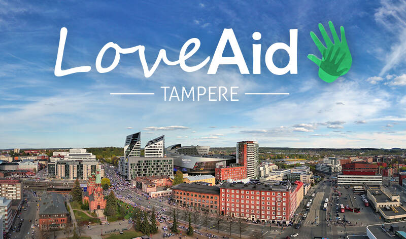 Loveaid tapahtuman logo Tampereen kaupungin yllä.
