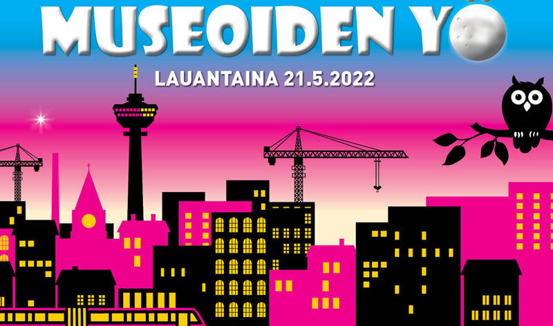 Museoiden yön värikäs silhuettikuva Tampereesta, jossa näkyy muun muassa Näsinneula ja ratikka.