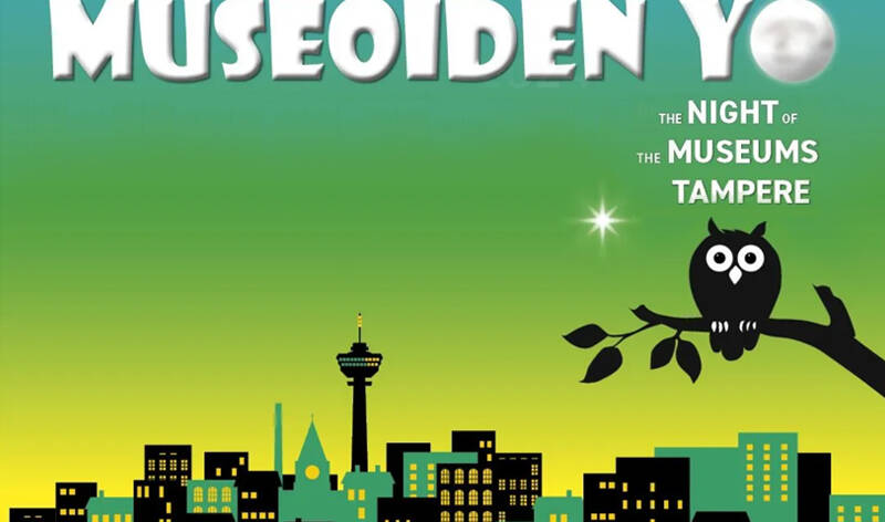 Tampereen piirretty siluetti, oksalla istuu yöllinen pöllö.