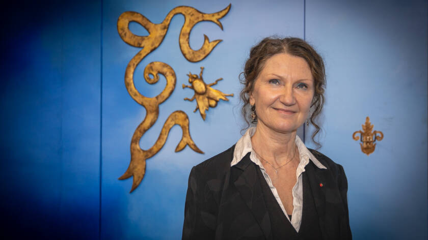 Näytelmäkirjailija Sirkku Peltola sininen lavasteen edessä, jossa kultainen kärpänen.