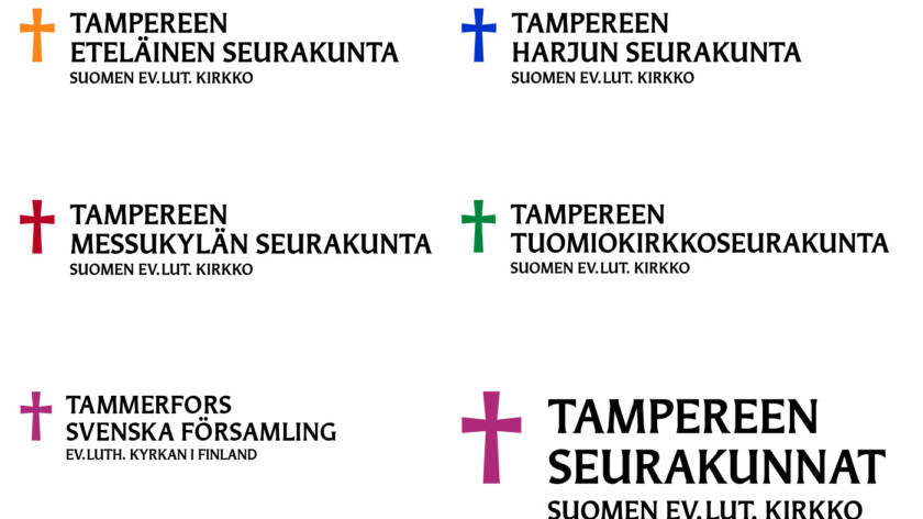 Tampereen viiden seurakunnan ja Tampereen seurakuntayhtymän logot.