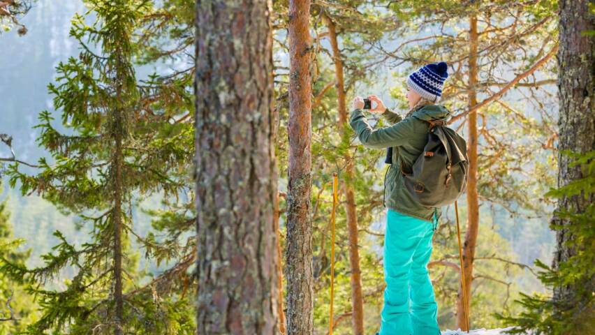 Talvisen mäntymetsäisen jyrkänteen päällä seisoo nainen kuvaamassa maisemaa.