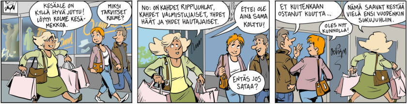 Silta-lehden sarjakuva, jossa kolme henkilöä keskustelevat kesämekkojen shoppailusta.